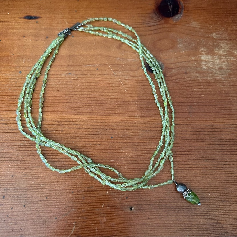 High Quality Peridot Green Multi-strand Necklace Purple Pearl Pendant OOAK VTG